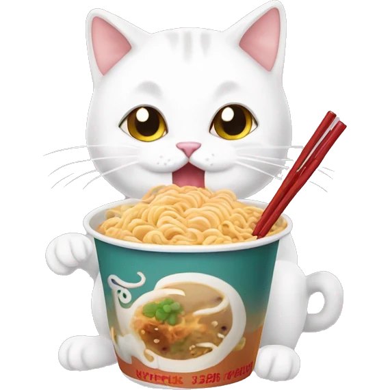 White cat eating ramen noodles and bubble tea emoji