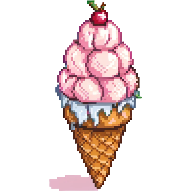 kawaii pixel art ice cream, pastel pink scoop, creamy swirl, cherry on top, light brown cone with diagonal waffle lines, 16x16 pixels, clean design, vivid outlines, subtle shadow under scoop, cute face with blush and small smile emoji