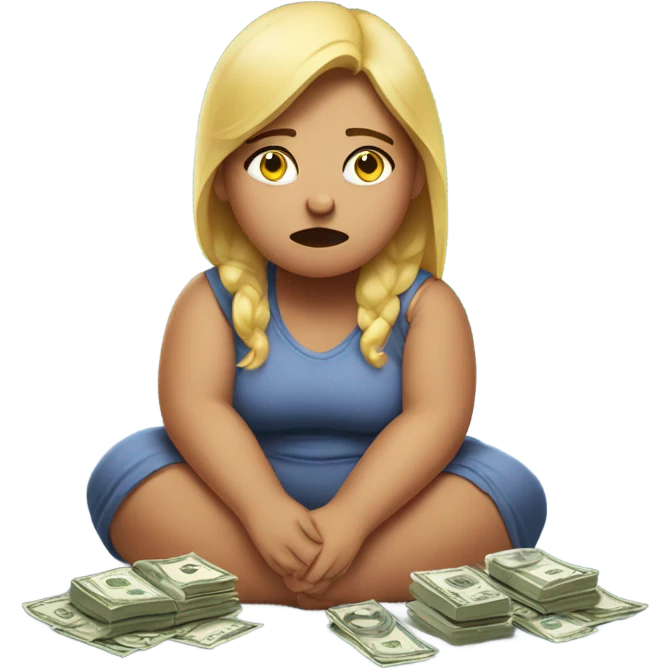 overweight girl crying with four dollars emoji
