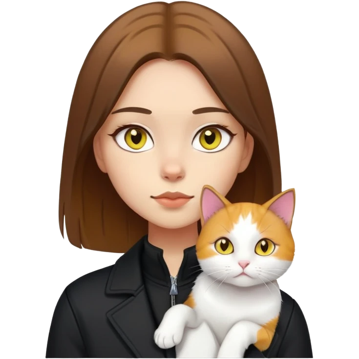Light-skinned girl with brown straight hair wearing a black jacket, with a pure white cat with yellow eyes and a calico cat emoji