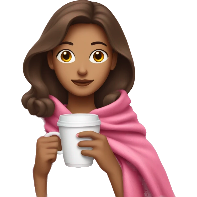 Brunette Drinking coffee wrapped in pink blanket emoji