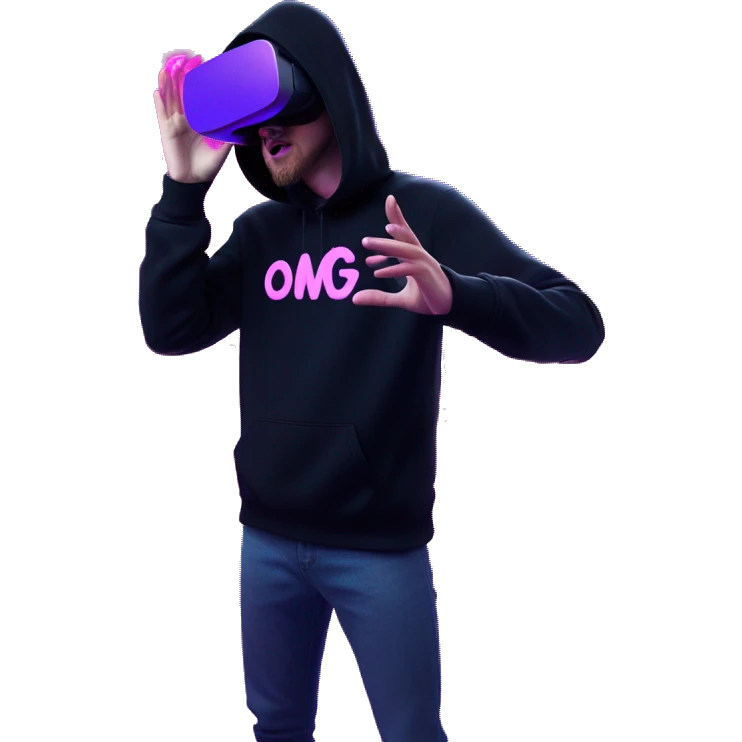 Russian man wearing a black hoodie with "OMG" letters on it and VR headset oculus quest 2 in a cyberpunk VR environment with violet neon lighting. Showing direction with hand emoji