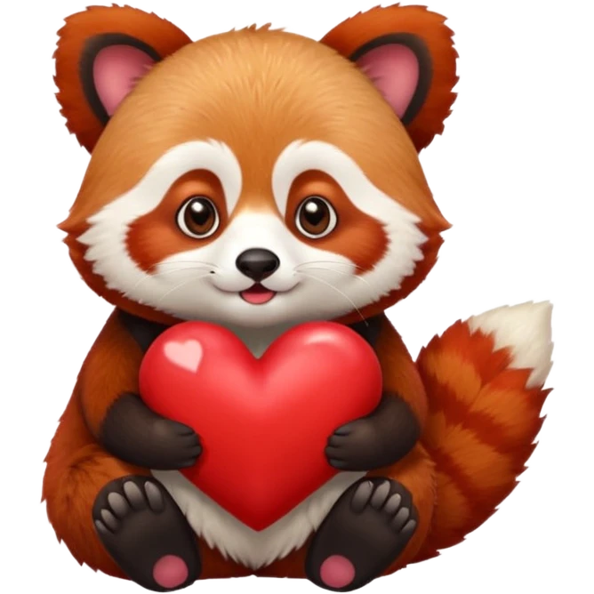 a red panda, holding a big red heart on his hands, giving a kiss emoji