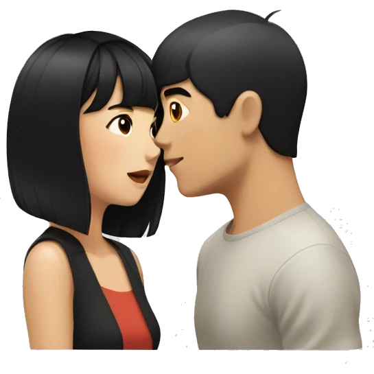 asian woman with black shoulder length hair and bangs and asian man with short black hair kissing each other emoji