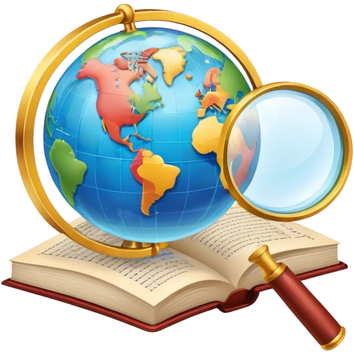 An icon featuring an open book, a speech bubble, and a magnifying glass, symbolizing philology and linguistics. The design includes language symbols, a globe, and alphabet letters, representing the study of languages and their structures. Transparent background  emoji