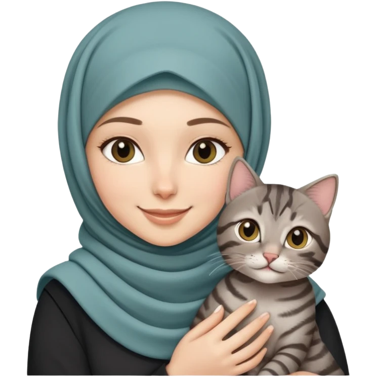 White girl wearing hijab smiling while holding a black grey tabby cat emoji