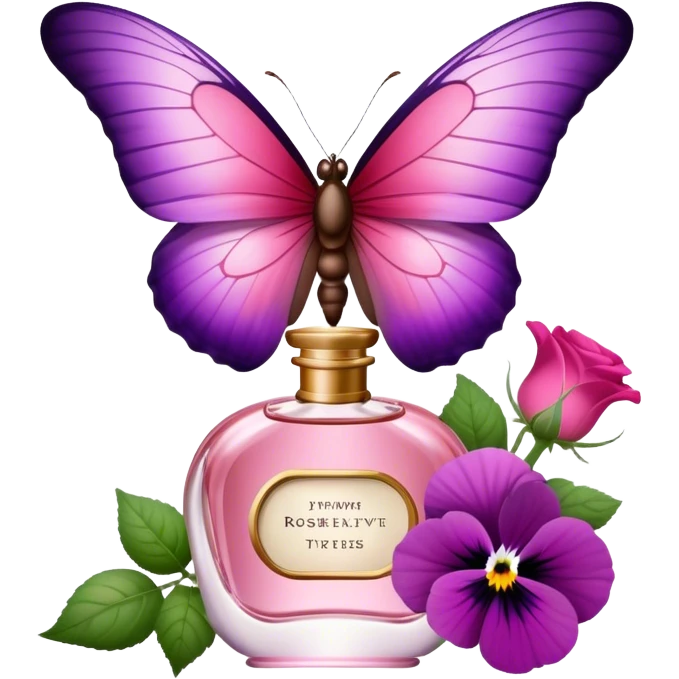 "With vibrant Tyrian Purple and Jasper Red wings, a butterfly flutters near an elegant Rosewater Pink perfume bottle. Misty Rose pansies surround the setting, adding a touch of gentle floral beauty." emoji