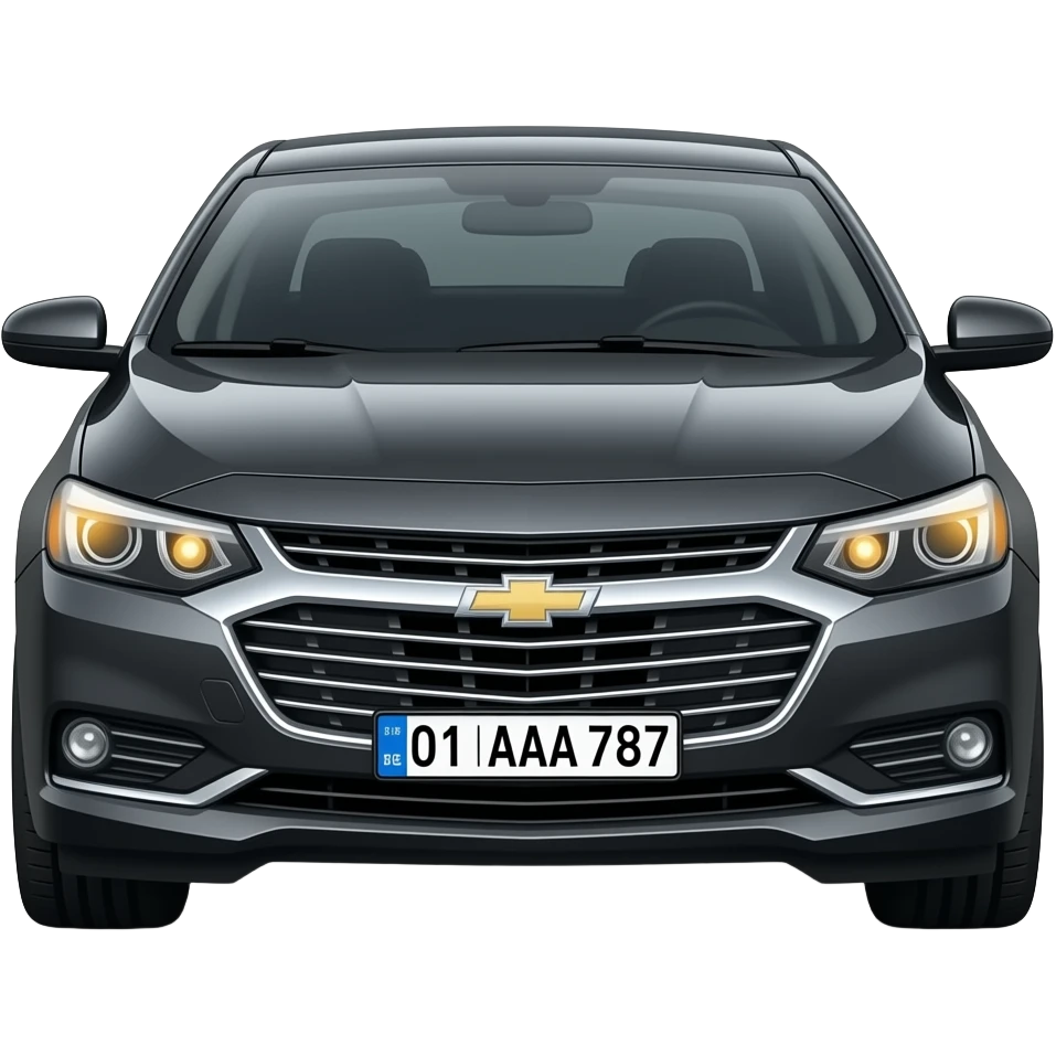 A realistic icon emoji of a metallic black sedan Chevrolet Malibu 2.0L Turbo Premier, dark charcoal tint windows, black alloy 5-spoke rims, Dynamic amber glow LED headlights with sharp laser-beam effect, uzbekistan number texts "01 | AAA 787" in plate emoji