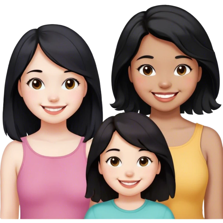 A girl with white skin color who is a chubby fat, has a great smile, straight but a little wavy shoulder length black hair and another slim and skinny girl with dark brown skin, cute smile, wavy shoulder length black hair and another girl little fair brown and white skin colour mix girl, shoulder length straight black hair, slim but a little chubby, gummy smile and glasses. emoji