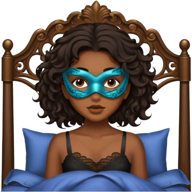 Um amenina super linda com cabelo marrom meio preto ondulado na cama com máscara no rosto emoji