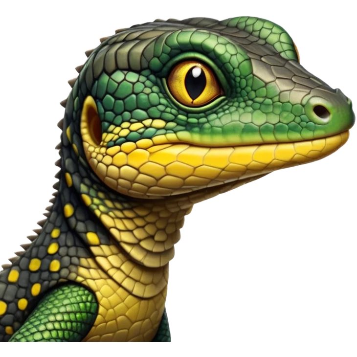 cinematic-realistic-cute-monitor-lizard-portrait-emoji,-head-tilted-playfully-and-inquisitively,-featuring-a-compact,-agile-body-with-finely-detailed,-glossy-scales-in-earthy-black and yellow-hues-and-a-distinct,-alert-face-with-bright,-curious-eyes, black , yellow spotted and green band  scales emoji
