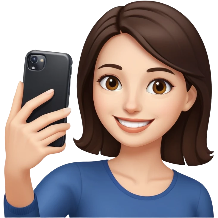 Brunette woman smiling while taking a selfie emoji