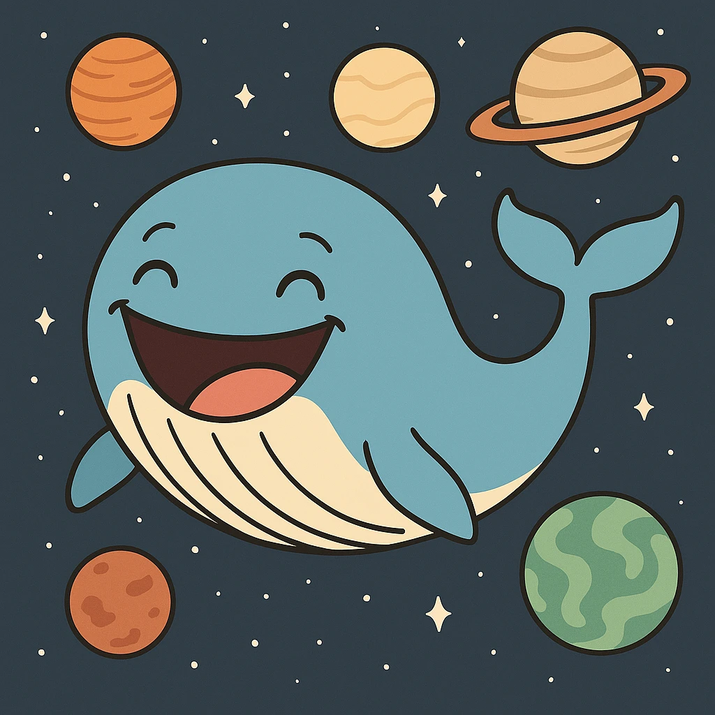 the happiest whale in space, cartoon style, smiling, surrounded by planets emoji