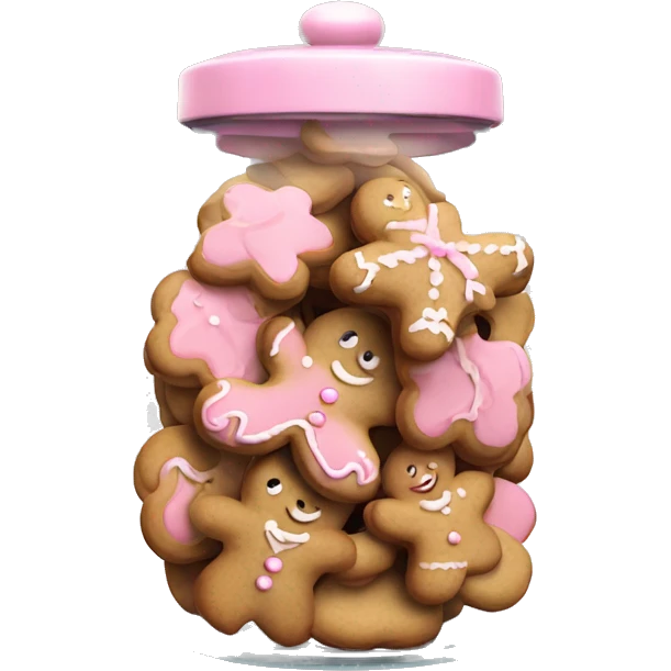 Realistic glass cookie jar with light pink lid full of gingerbread cookies isolated.  emoji