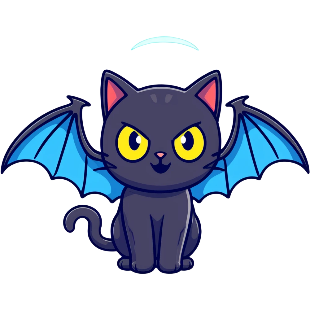 black cat with blue bat wings and glowing yellow eyes emoji