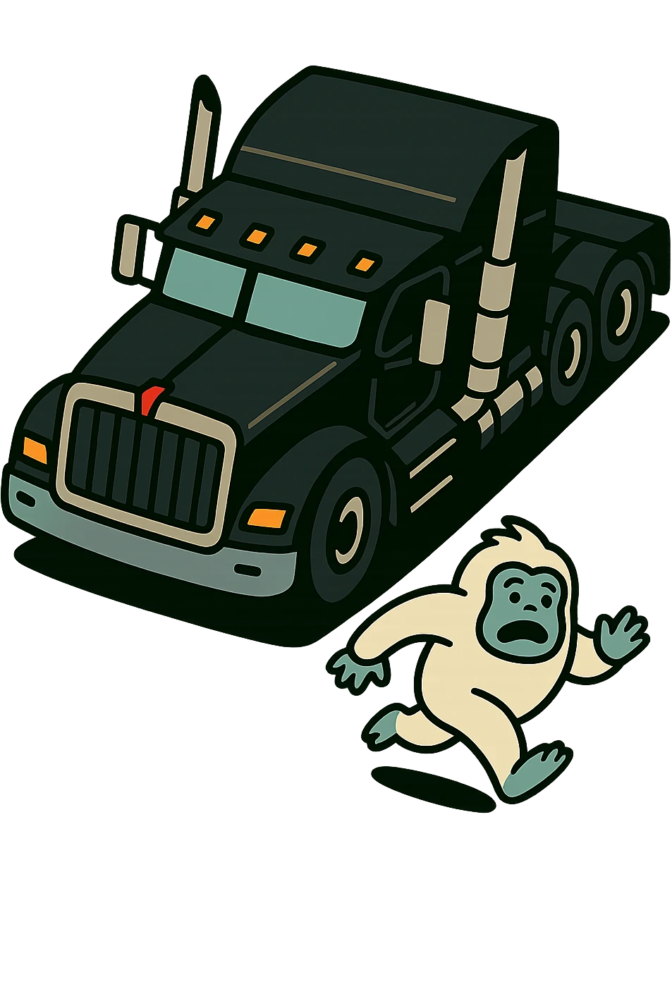 Remove the background, keep only the black 2026 Kenworth W680 flat top semi sleeper and the tiny abominable snowman, top-down vibrant toon style, no text. The style is top-down cartoon style with vibrant toon colors, transparent background. emoji