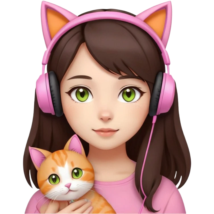 gamer girl with long dark brown hair, light skin, big brown eyes, cute, pink headset with cat ears, blushing softly and naturally, beautiful, holding orange cat with light yellow/green eyes emoji
