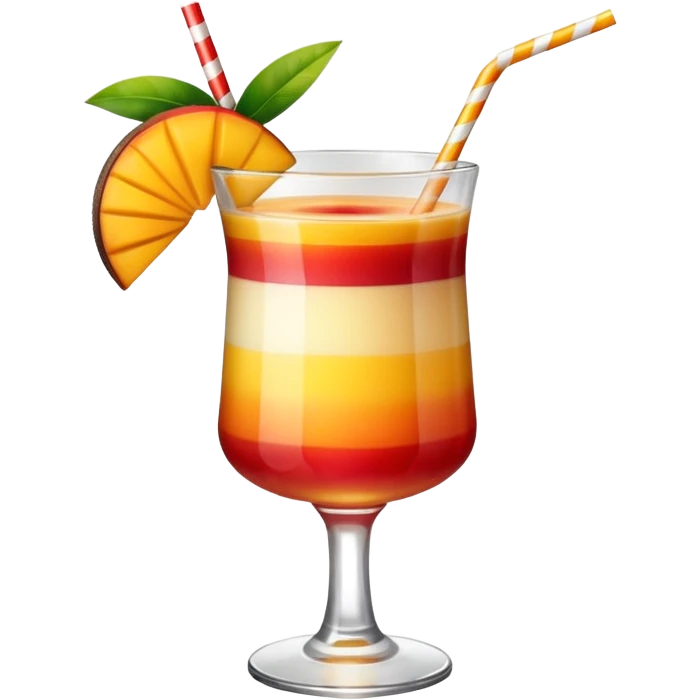 A beautiful cocktail with a gradient from red to orange, topped with mango pudding and lined with a striped straw. emoji
