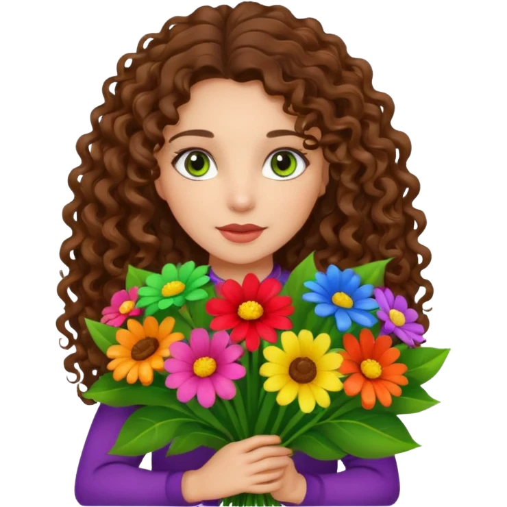 light skinned brunette long curly haired girl with green/hazel eyes holding big bright bunch of flowers. White background. emoji