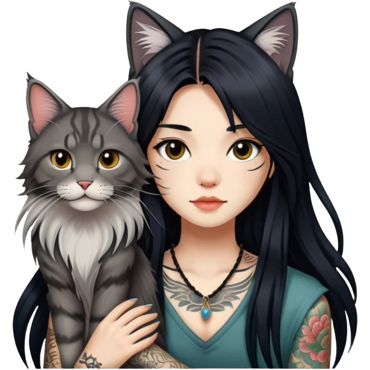 a Chinese girl with long black  straight hair and tattoos and a maine coon emoji