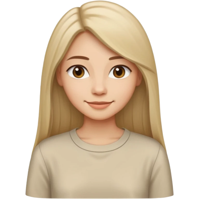 Женщина с длинными прямыми волосами, заправленными за плечи, мягкая доброжелательная улыбка, минималистичное платье или блузка светлого оттенка, стиль спокойный и современный. emoji