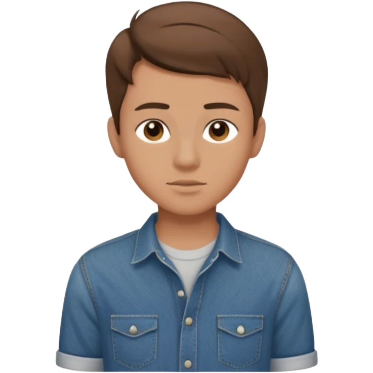 chico con tupe moderno hacia delante castaño, con los ojos marrones vestido con camisa y vaqueros que sea adolescente  emoji