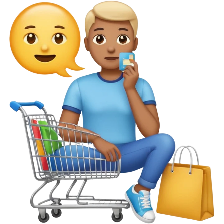 Emoji-style illustration of a person holding a credit card, hand on chin thinking. A thought bubble above the head showing clothes, sneakers, and a shopping cart, representing deciding whether to spend money. Clean, modern emoji style, bright colors, white or transparent background. emoji