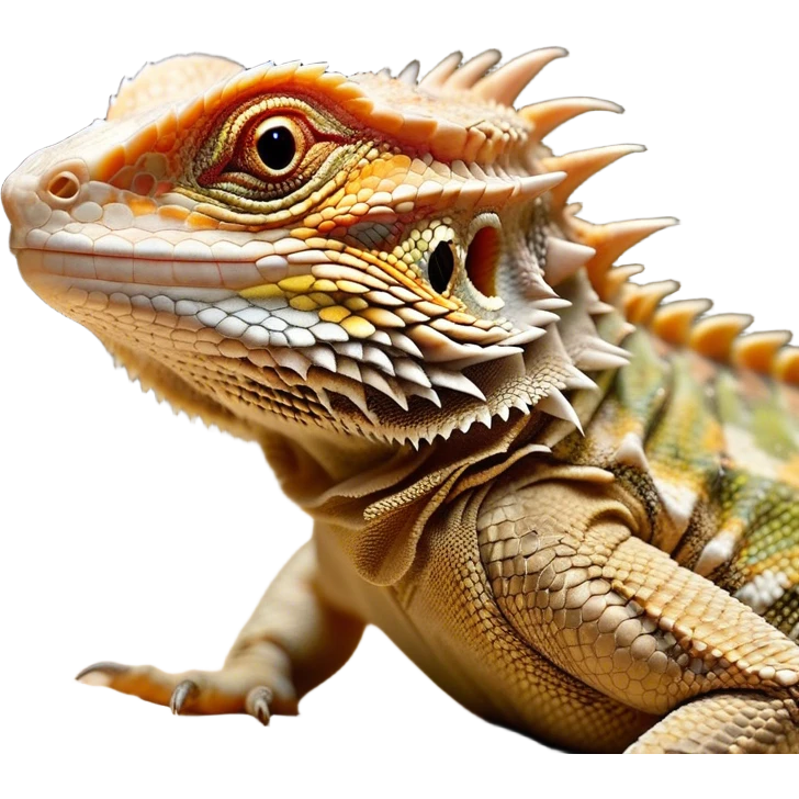 Cinematic Noble Bearded Dragon Portrait Emoji, Poised and regal, with a robust, angular build and a textured, scaled hide in earthy olive and sandy tones, a prominent spiky 'beard' beneath its chin and a keen, alert gaze, Simplified yet sharp and sophisticated features, highly detailed, glowing with a soft, dignified glow, high shine, intelligent and fierce, stylized with an air of desert majesty, focused and attentive, soft glowing outline, capturing the essence of a watchful and commanding reptile, so majestic it feels as though it could scuttle out of the screen with effortless authority! emoji