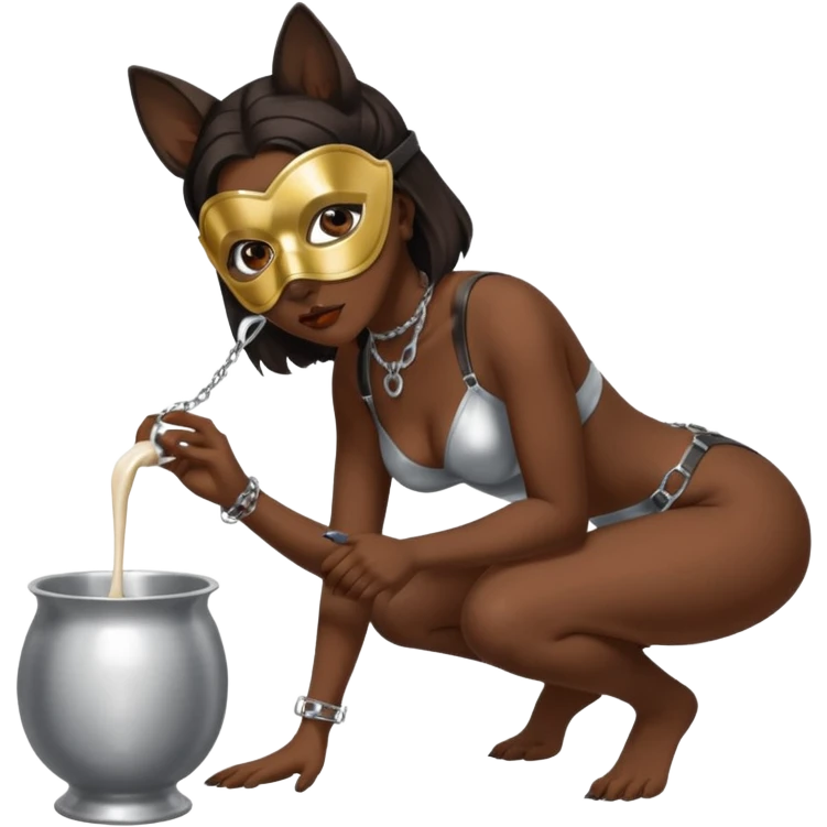 Dark Women drinking  from sliver milk bowl with only leash on on all fours  her head is bent down to bowl she wears only a dog BDSM mask  emoji