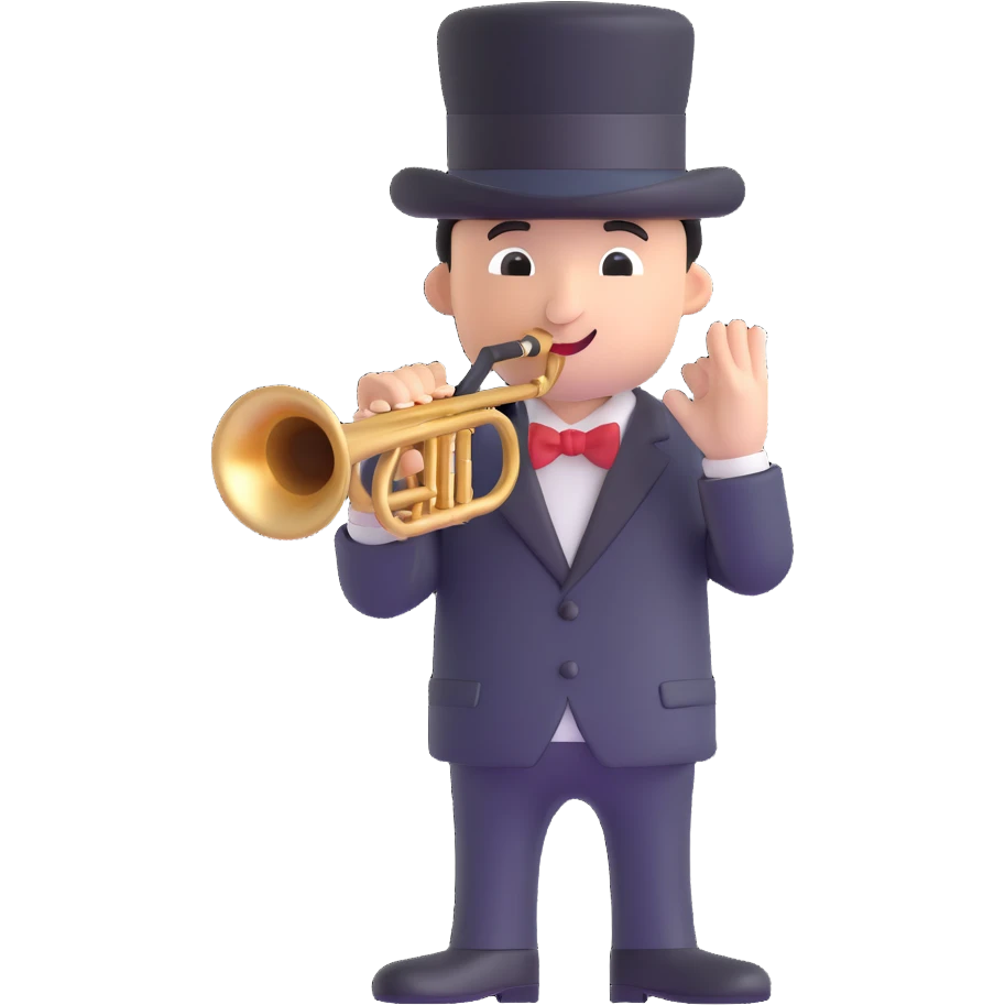 character with a black hat and a trumpet emoji