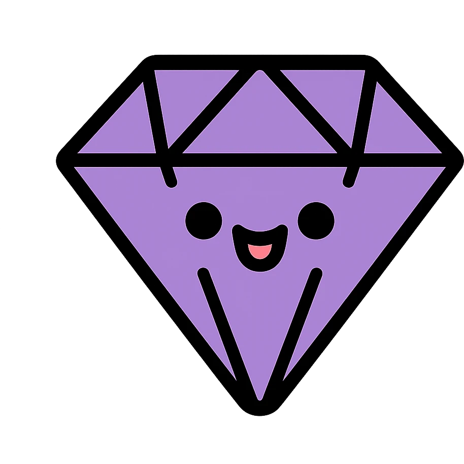 purple gem with a funny face, playful and cute, icon style emoji