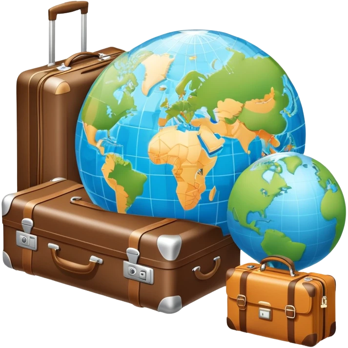An icon featuring a suitcase, a hotel building, and a globe, symbolizing tourism and hospitality. The design includes a map with a marked destination and a key, representing travel and accommodation. Transparent background highlights the exploration and services of the hospitality industry. emoji