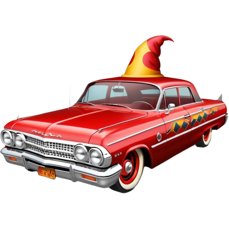 Satan’s streamlined Hot rod custom 1964 impala low rider four door clown painted hood  side-mounted under-door chrome exhaust pipes driving straight to hell  emoji