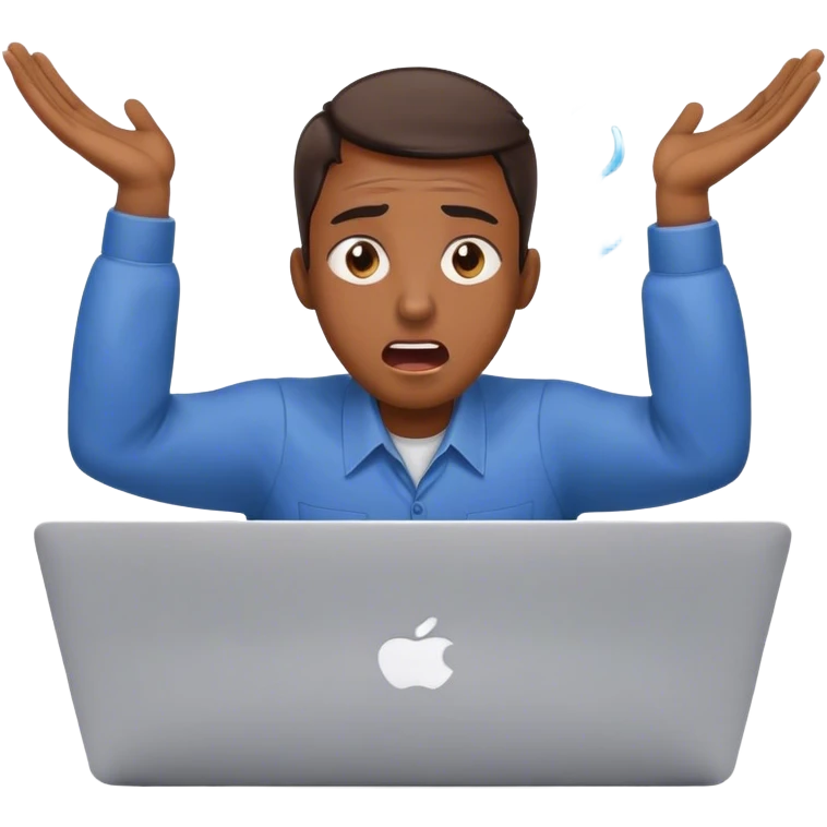 An overwhelmed office worker at a MacBook, eyes wide open, mouth agape, sweat drops flying, hands on head in panic emoji