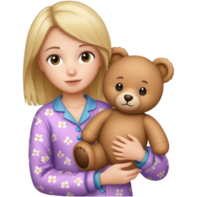 Gere uma menina com pijama e um urso emoji