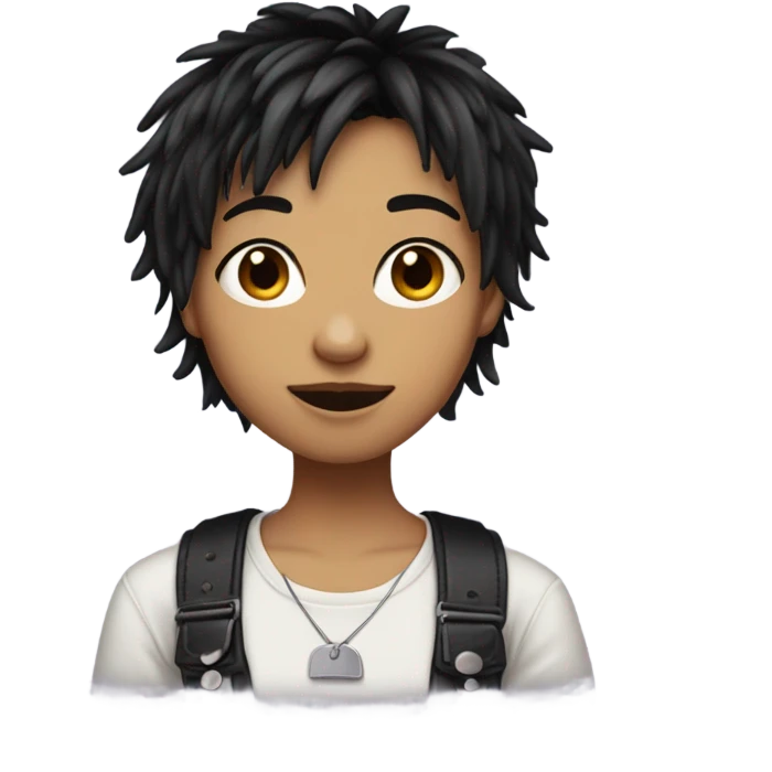 Very tomboy has piercing has double pierced ears and black hair also damon color braces has bangs short shaggy hair emoji