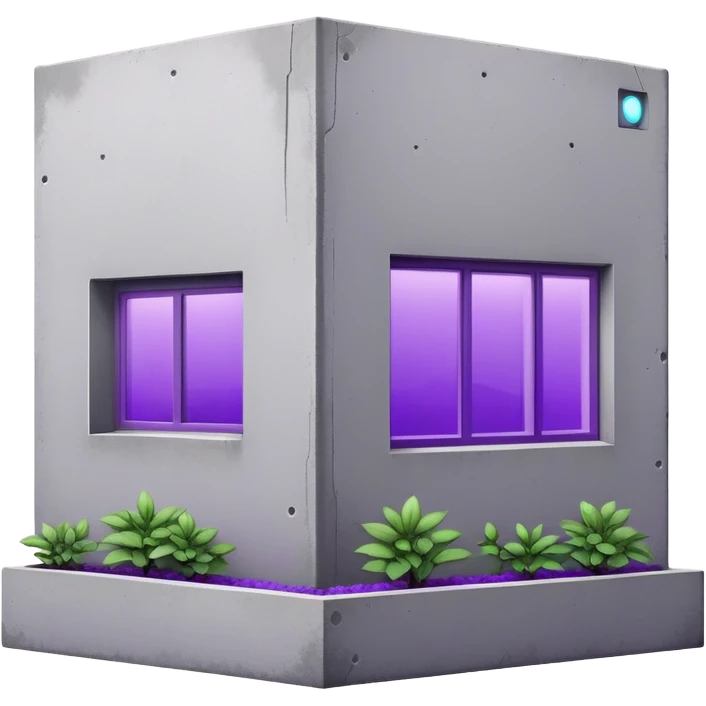 Minimalist gray concrete panel building, slight ghetto vibe, one window with bright purple ultraviolet light for growing plants, simple rectangular shape, stark and bare emoji