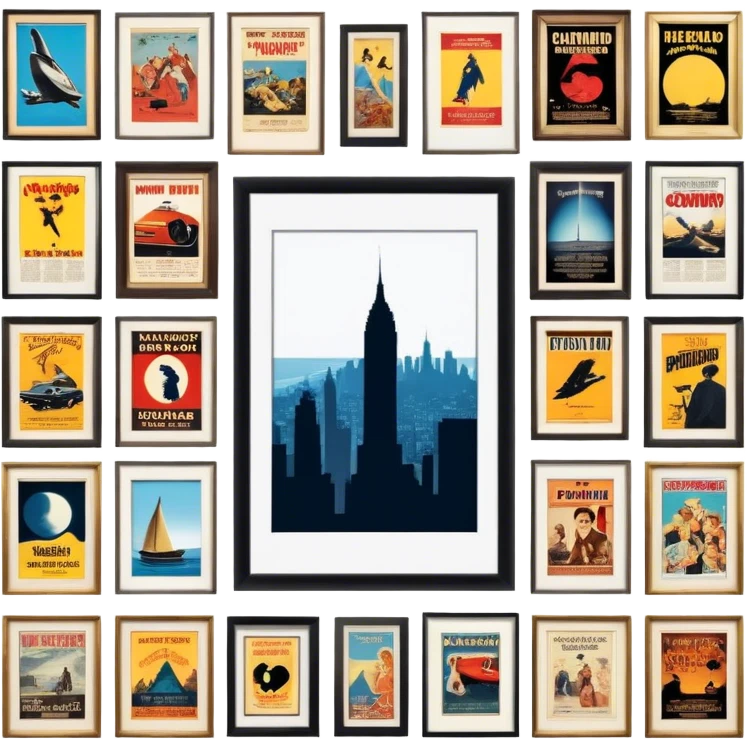 Icon for Photograph and Poster Collecting: a collection of photographs and movie posters, neatly displayed on a wall or in frames. The icon should evoke the nostalgia and artistic value of collecting rare images and posters. Transparent background. emoji