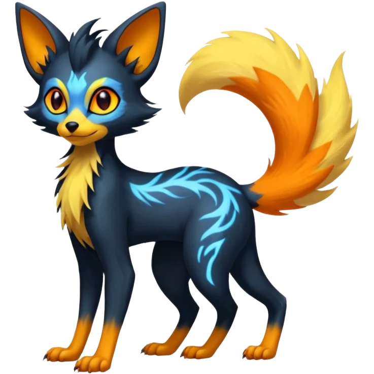 Lykoi-Fennekin-Electrike-Luxray-fusion-hybrid-animal-Fakémon-creature, full body, thin long sleek scaly tail, intricate markings emoji