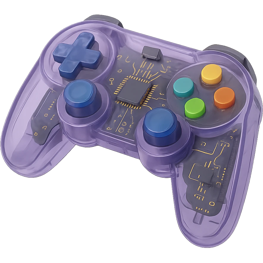 A gaming controller with transparent shell showing internal circuitry, buttons, and electronic components emoji
