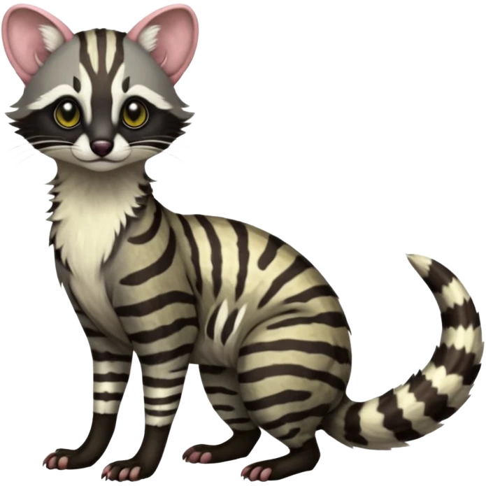 Feral Rare Fantasy shaded detailed colorful Genet-Trico-Civet-Cacomistle-Margay-species by LiLaiRa,, with white stripes with dark-blackish points, white belly, random markings, tufted tail, tufted ears, full body emoji