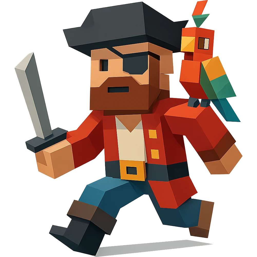 A pirate with an eye patch and a colorful parrot on shoulder, geometric minimalist 3D design emoji