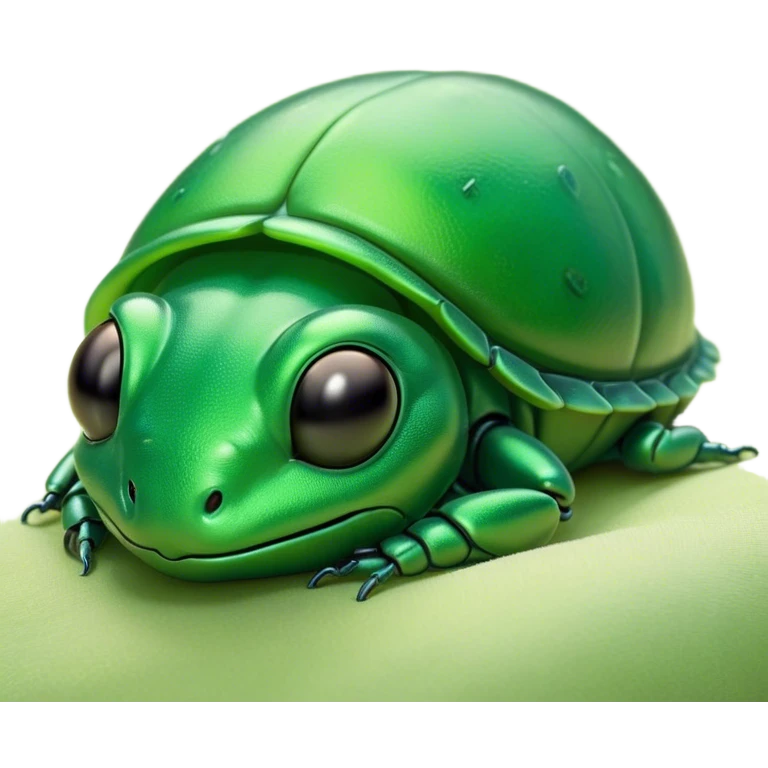 Meme-Worthy Cute Sleeping Green Bugdie Portrait Emoji, Head resting peacefully with a contented smile, showcasing a tiny, endearing build and a luxuriously smooth emerald exoskeleton, eyes shut in a serene nap, Simplified yet hilariously adorable features, highly detailed, glowing with a soft, drowsy light, high shine, relaxed and utterly lovable, stylized with an air of playful laziness, bright and heartwarming, soft glowing outline, capturing the essence of a comically sleepy insect, so meme-worthy it feels like it could instantly become the next viral sensation of adorable slumber! emoji