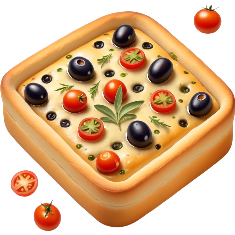 cinematic-realistic-isometric focaccia-bread-dish-emoji,-depicted-as-a-golden,-olive-oil-brushed-flatbread-sprinkled-with-herbs-rendered-with-lifelike-texture-and-soft,-appetizing-lighting showing olives on top and the cherry tomatoes emoji