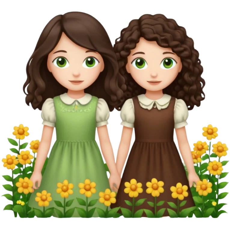 Two moppet girls, 1: long ironed straight darkbrown hair, green eyes, 2: long curly darkbrown hair, brown eyes emoji