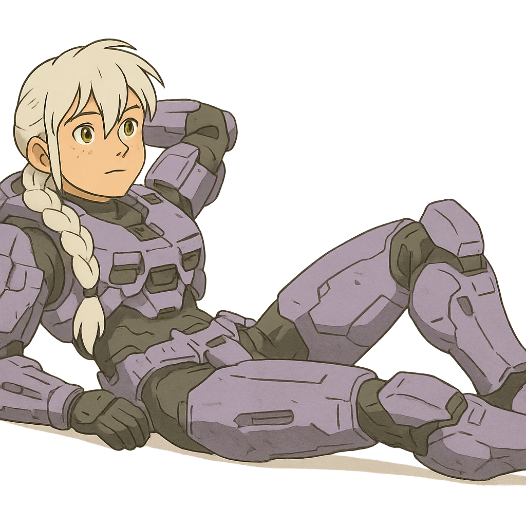 female, wearing reach spartan armor shoulder-unequip, long white braid hair with massive messy front side single bangs, gold yellow eyes, attention pose, HALO:series, no helmet, the armor is lavender color scheme, laying back and relaxing flat on the ground emoji