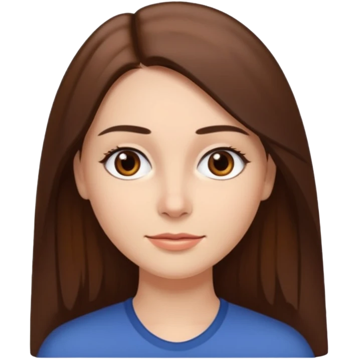 woman with straight brown hair down to her chest middle part brown eyes and eyebrows and slight smile emoji