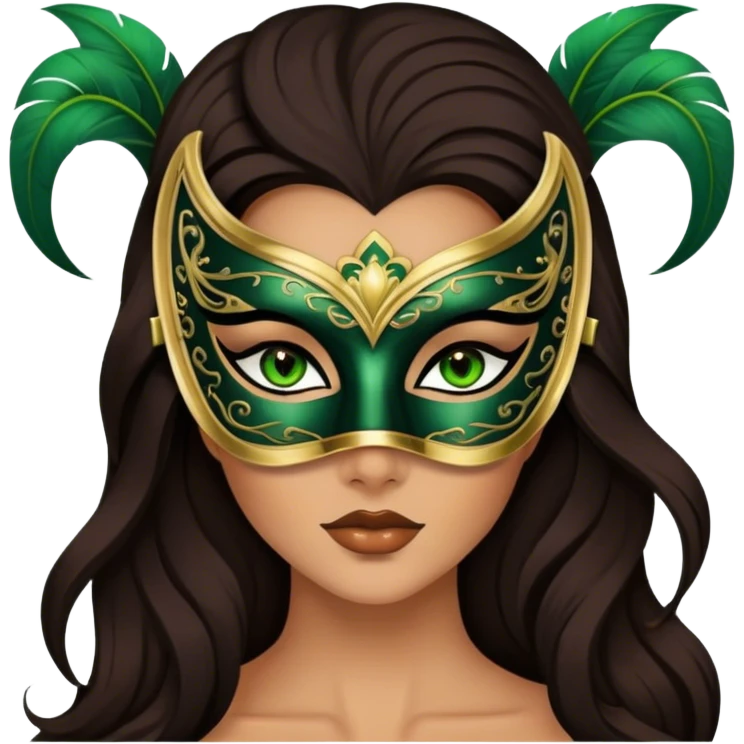 Greeneyed Woman hair with Long Dark brown hair wearing Black venetian mask emoji