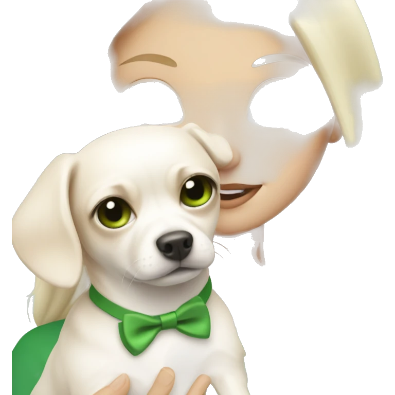 pale blond girl with long platinum hair with green eyes holding a white chihuahua puppy that wearing a pink bow emoji