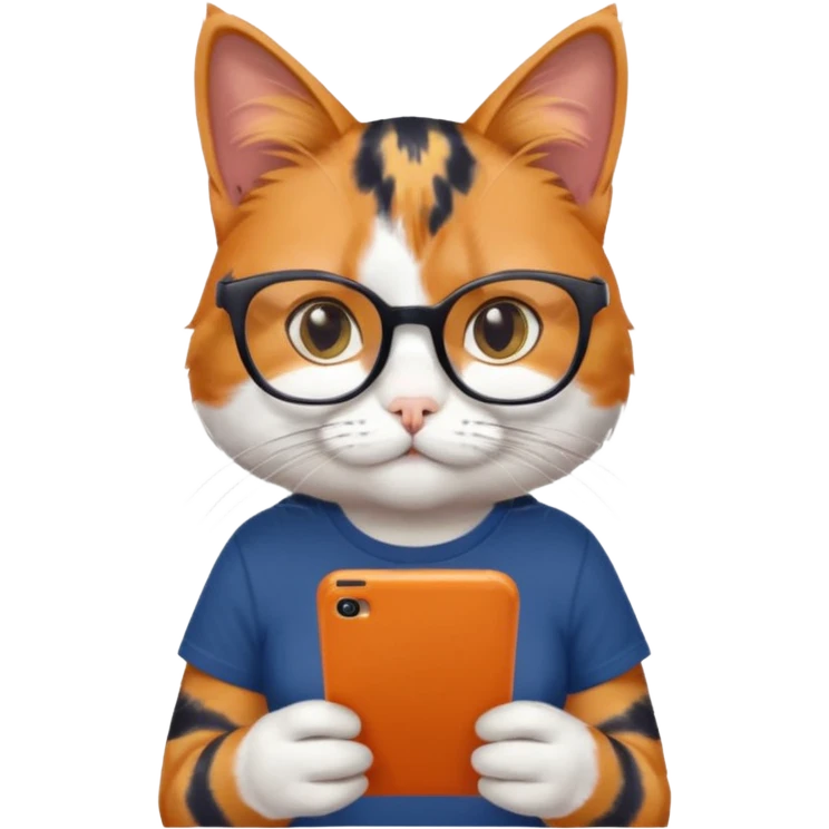 un gato de tres colores naranja, negro y blanco con gafas de leer con un celular en manos leyendo comentarios y que tenga una remera color azul oscuro que diga UOM emoji